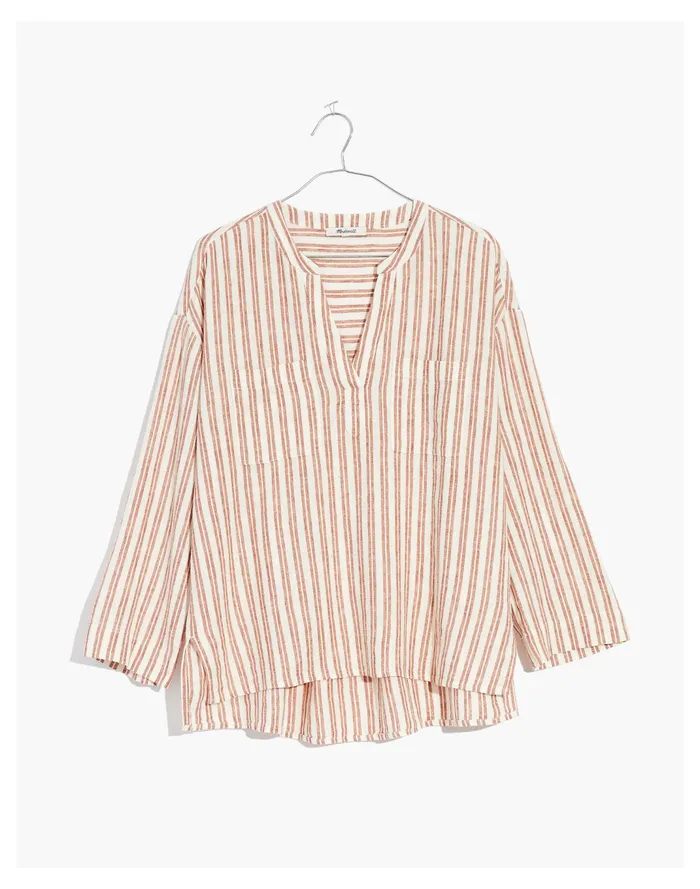Women Linen Blend Lakeline Popover Shirt In Hester Stripe Afterglow Red Madewell Tops and Shirts Women Linen Blend Lakeline Popover Shirt In Hester Stripe Afterglow Red Madewell Tops and Shirts
