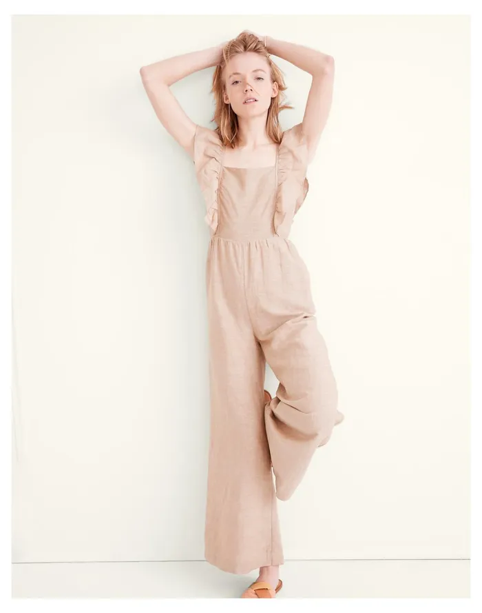 Women Linen Blend Ruffle Tie Back Jumpsuit Seed Khaki Madewell Jumpsuits and Overalls