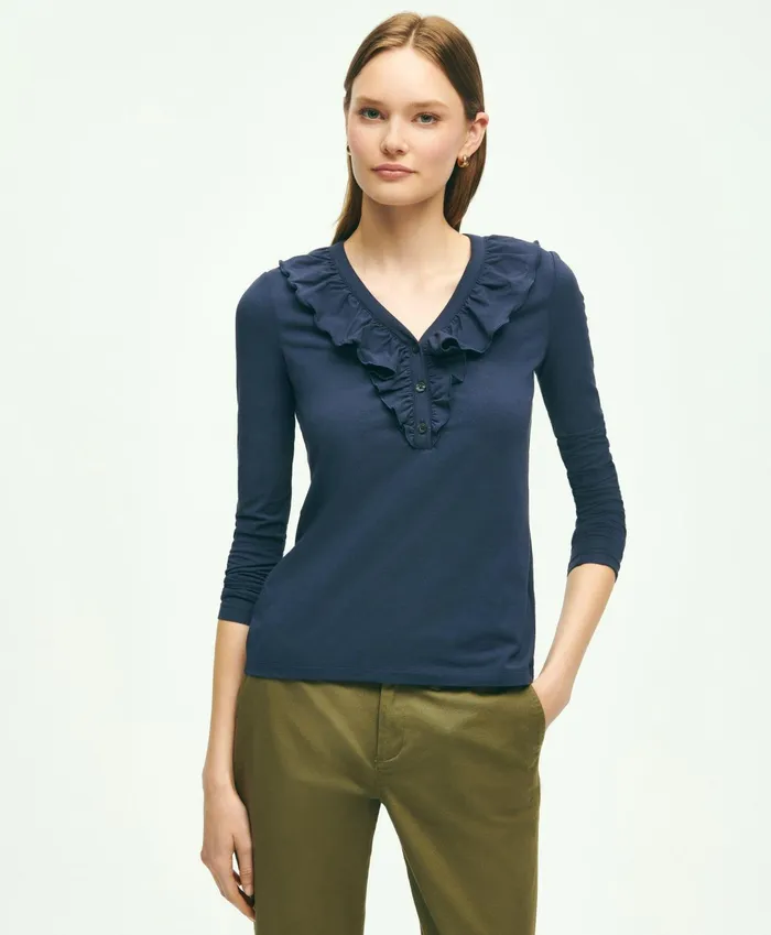 Women Long Sleeve Cotton Modal Ruffled Top Navy Brooks Brothers Blouses and Shirts