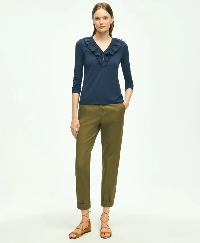 Women Long Sleeve Cotton Modal Ruffled Top Navy Brooks Brothers Blouses and Shirts
