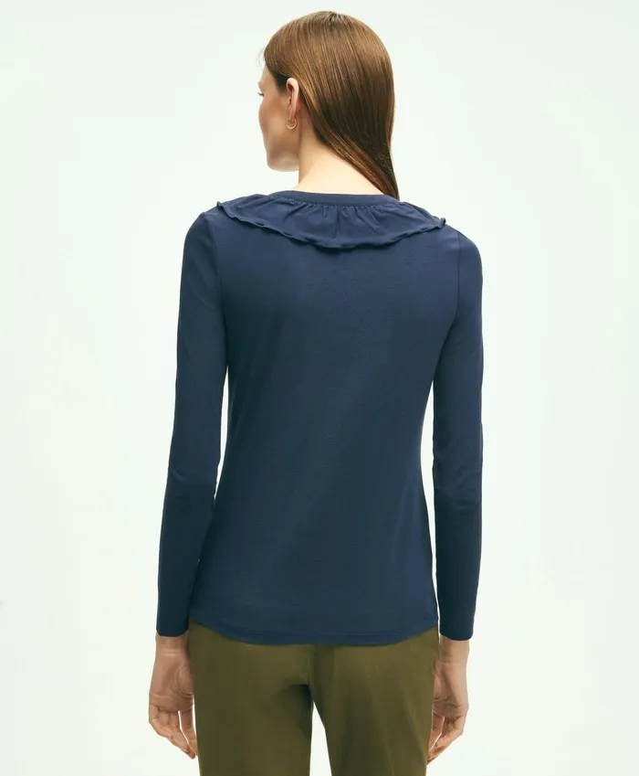 Women Long Sleeve Cotton Modal Ruffled Top Navy Brooks Brothers Blouses and Shirts