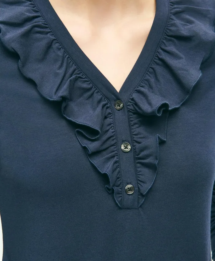 Women Long Sleeve Cotton Modal Ruffled Top Navy Brooks Brothers Blouses and Shirts