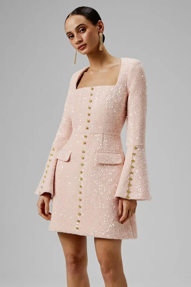 Women LongSleeve Dresses Lavish Alice BELLA Sequin Boucle Micro Rose Button Mini Dress In Pink Pink