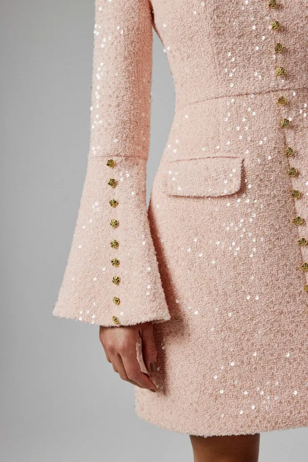Women LongSleeve Dresses Lavish Alice BELLA Sequin Boucle Micro Rose Button Mini Dress In Pink Pink
