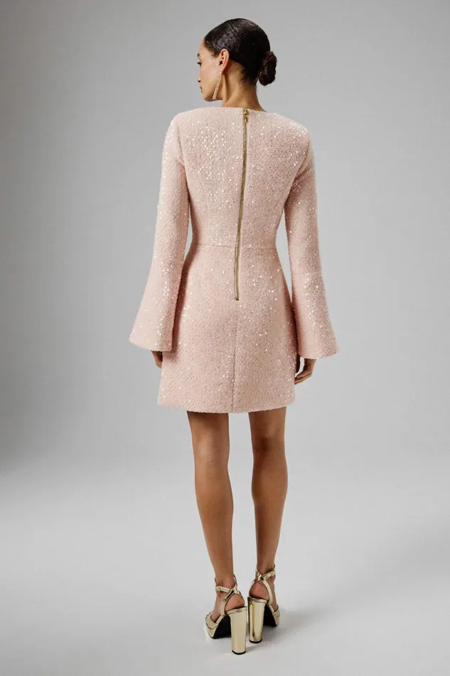Women LongSleeve Dresses Lavish Alice BELLA Sequin Boucle Micro Rose Button Mini Dress In Pink Pink