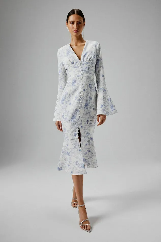 Women LongSleeve Dresses Lavish Alice SALMA Fluted Sleeve Longline Fishtail Midi Dress In Blue Porcelain Print