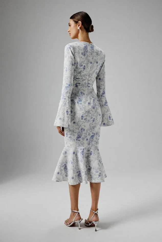 Women LongSleeve Dresses Lavish Alice SALMA Fluted Sleeve Longline Fishtail Midi Dress In Blue Porcelain Print