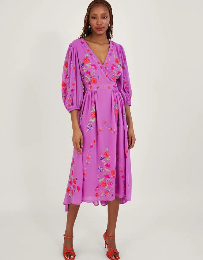 Women Lusia Embroidered Wrap Dress In Recycled Polyester Purple Monsoon Occasionwear