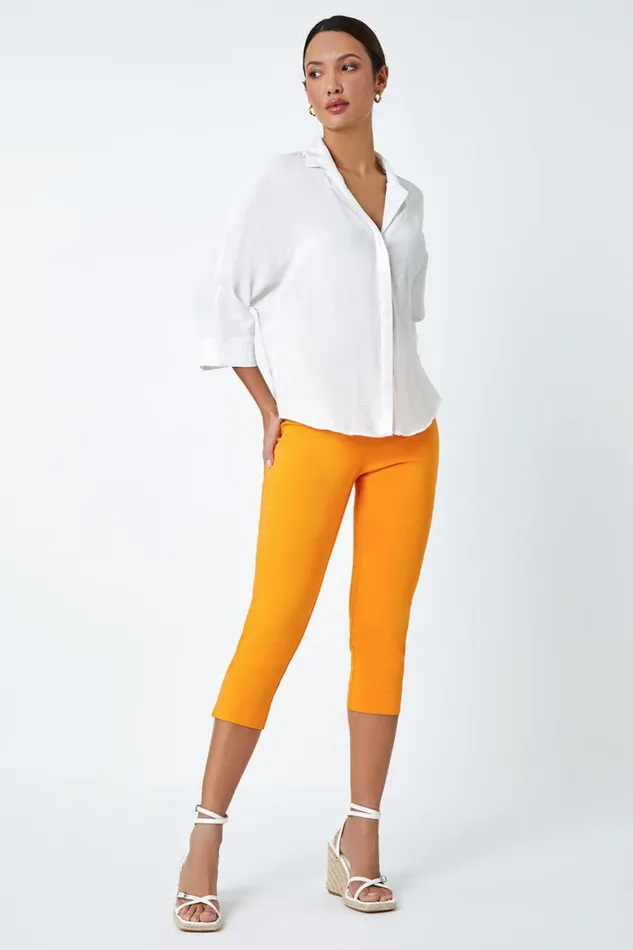 Women Mango Elastic Waist Stretch Cropped Trousers Roman Coords