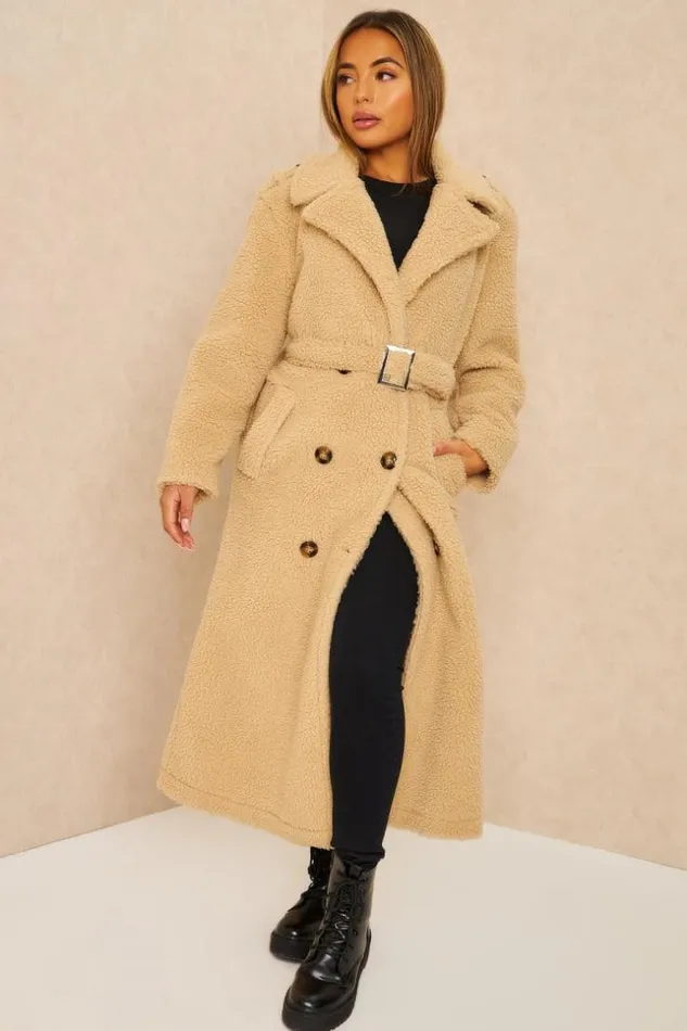 Women Manteau Long Beige Effet Peau De Mouton Ceintur Beige Brentiny Paris Jackets