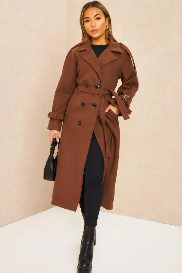 Women Manteau Long Duveteux Style Trench Marron Brown Brentiny Paris Coats