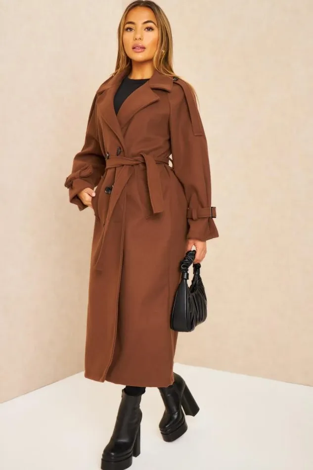 Women Manteau Long Duveteux Style Trench Marron Brown Brentiny Paris Coats