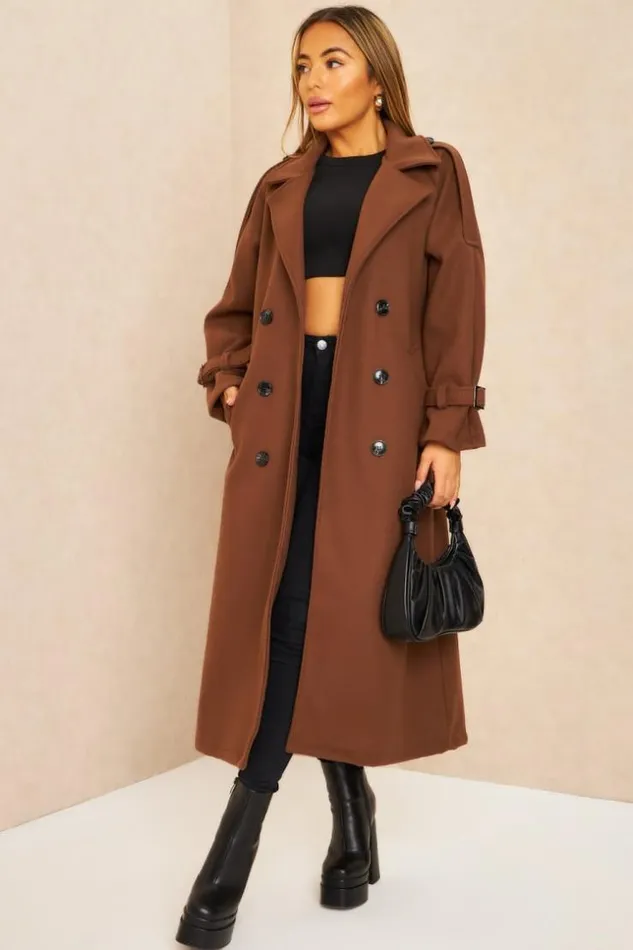 Women Manteau Long Duveteux Style Trench Marron Brown Brentiny Paris Coats