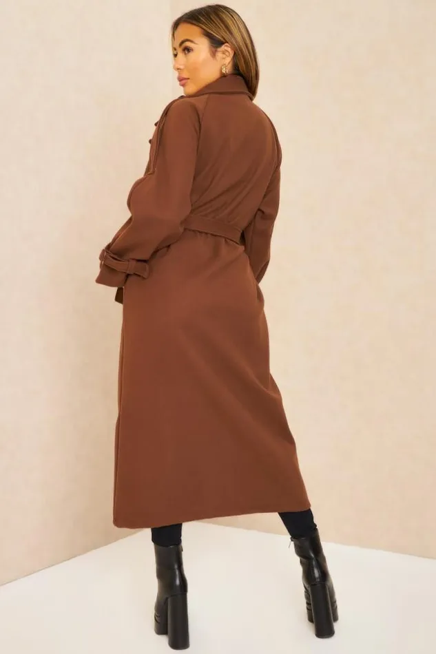 Women Manteau Long Duveteux Style Trench Marron Brown Brentiny Paris Coats