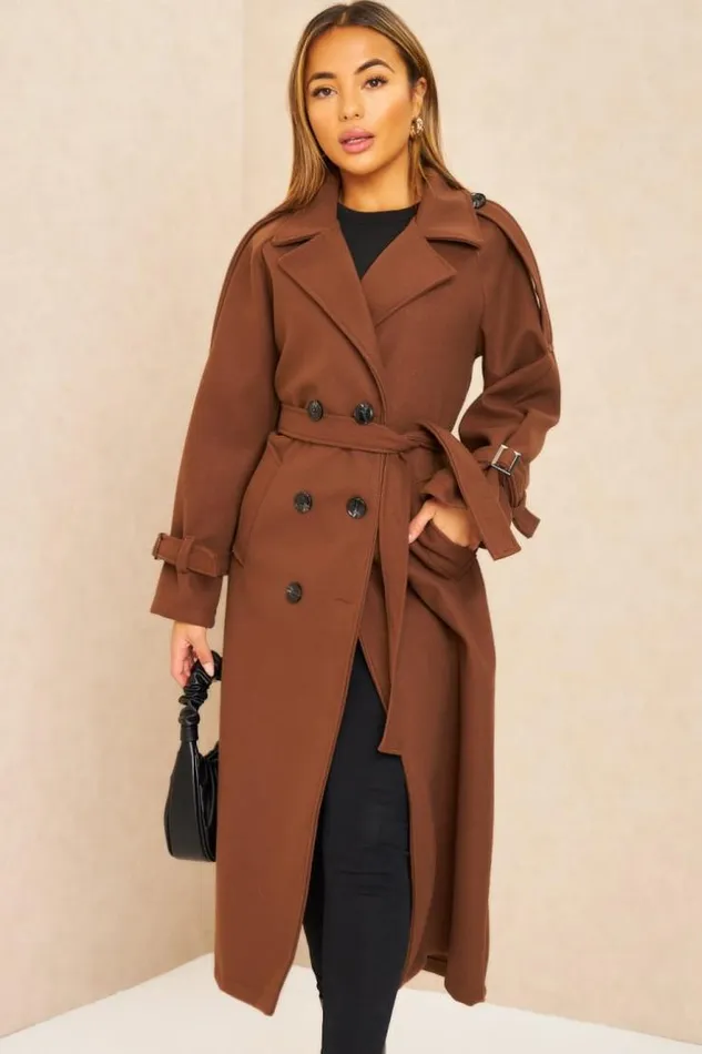 Women Manteau Long Duveteux Style Trench Marron Brown Brentiny Paris Coats
