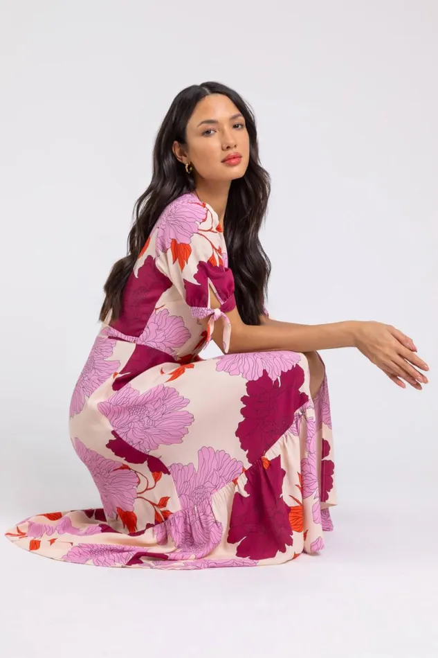 Women Mauve Floral Frill Hem Wrap Midi Dress Roman Dresses