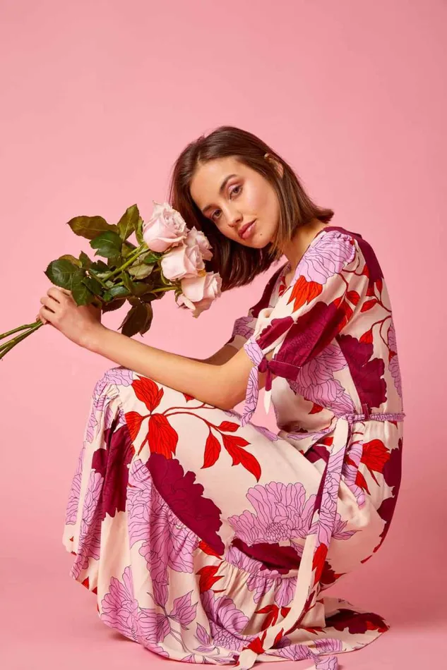 Women Mauve Floral Frill Hem Wrap Midi Dress Roman Dresses
