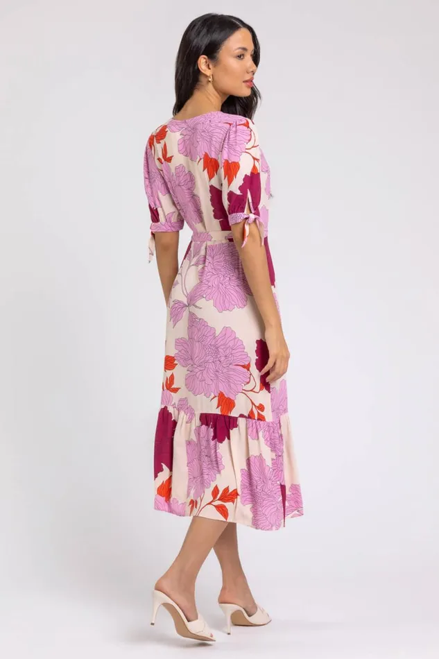 Women Mauve Floral Frill Hem Wrap Midi Dress Roman Dresses