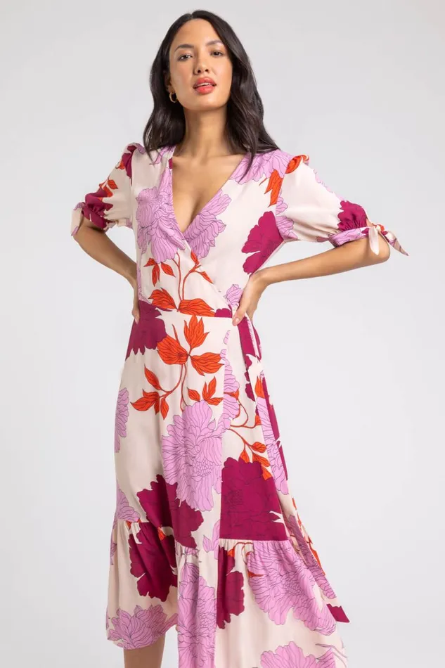 Women Mauve Floral Frill Hem Wrap Midi Dress Roman Dresses