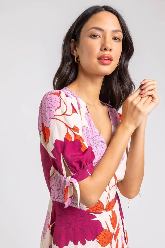 Women Mauve Floral Frill Hem Wrap Midi Dress Roman Dresses
