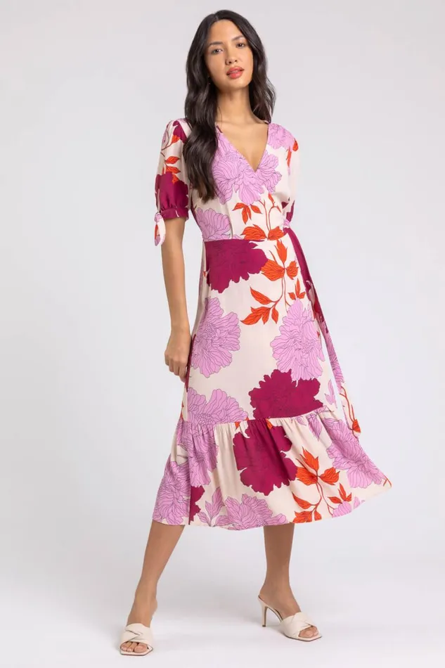 Women Mauve Floral Frill Hem Wrap Midi Dress Roman Dresses