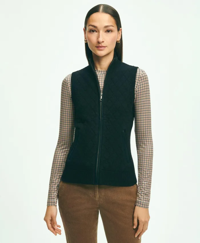 Women Merino Wool Blend Quilted Sweater Vest Black Brooks Brothers Sweaters