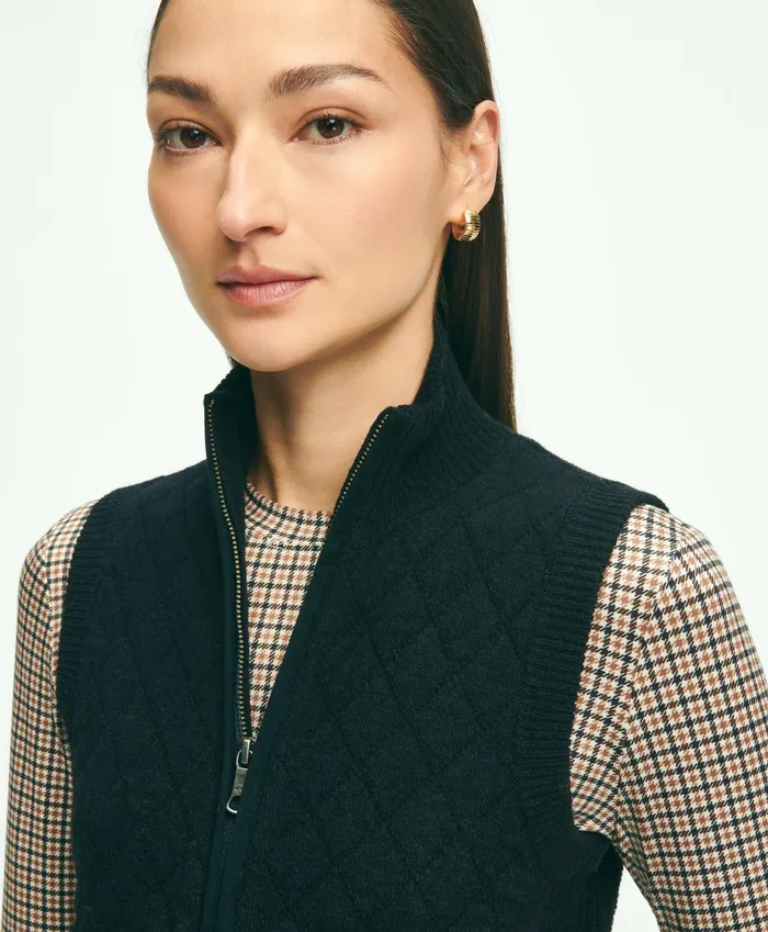 Women Merino Wool Blend Quilted Sweater Vest Black Brooks Brothers Sweaters