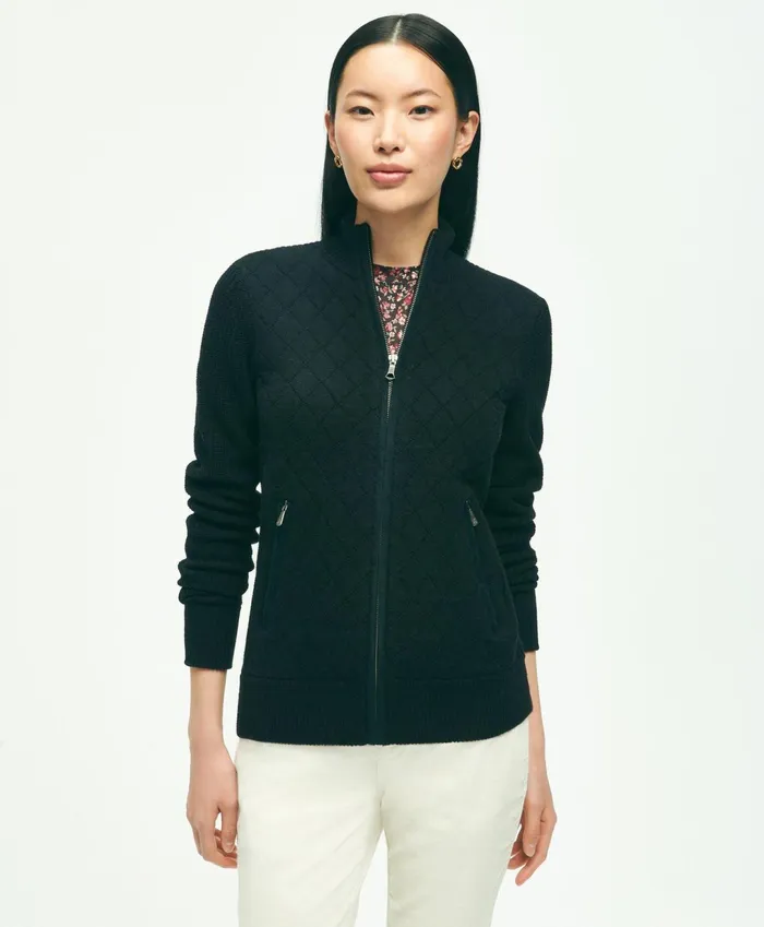 Women Merino Wool Quilted Sweater Jacket Black Brooks Brothers Sweaters