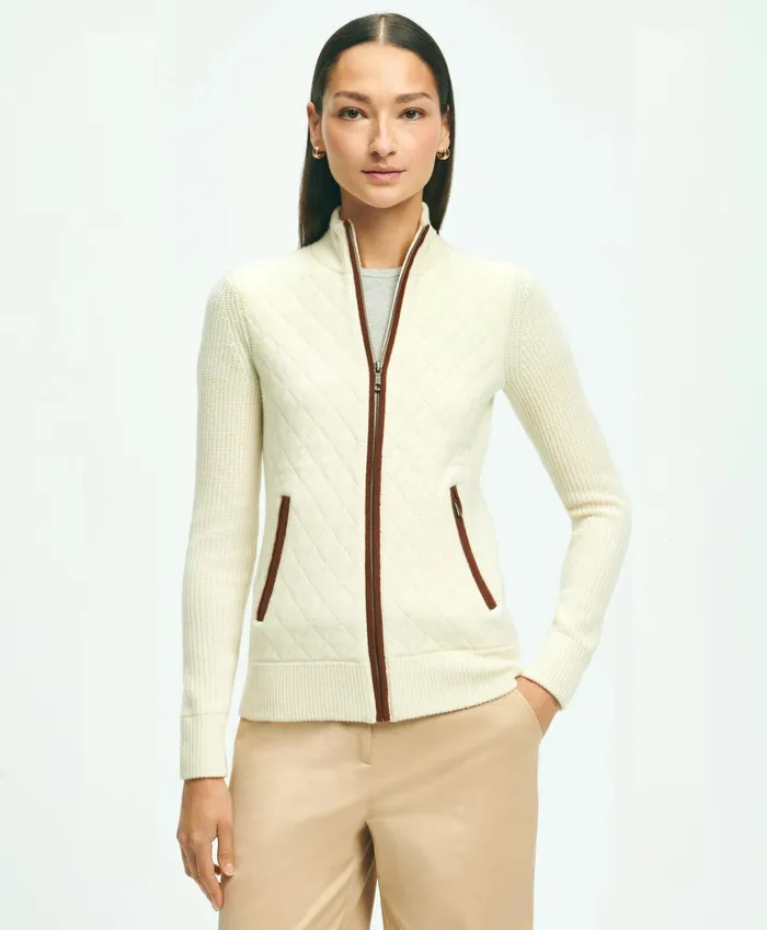 Women Merino Wool Zip Sweater Jacket Cream Brooks Brothers Sweaters
