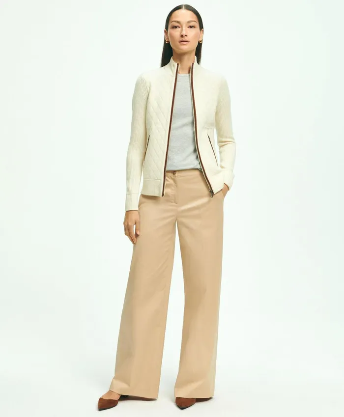 Women Merino Wool Zip Sweater Jacket Cream Brooks Brothers Sweaters