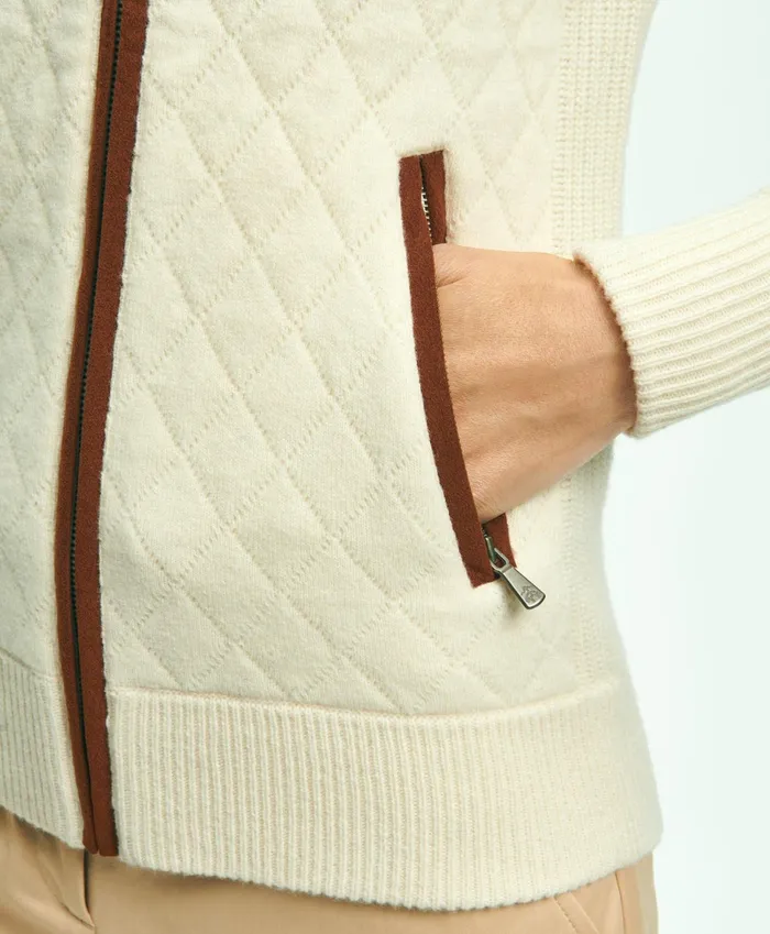 Women Merino Wool Zip Sweater Jacket Cream Brooks Brothers Sweaters