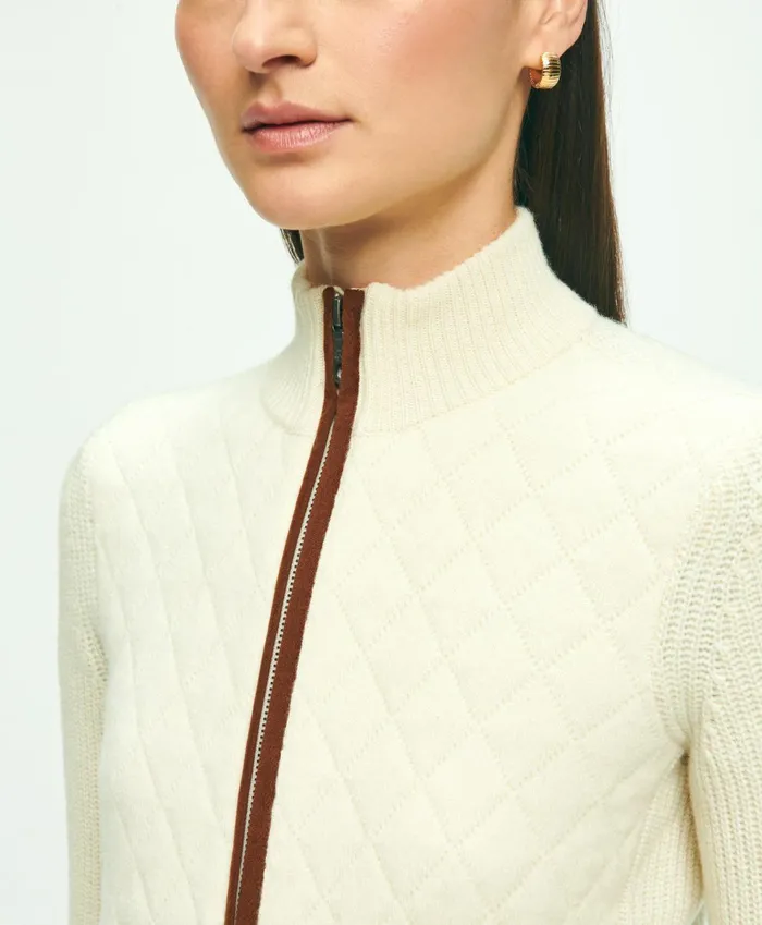 Women Merino Wool Zip Sweater Jacket Cream Brooks Brothers Sweaters