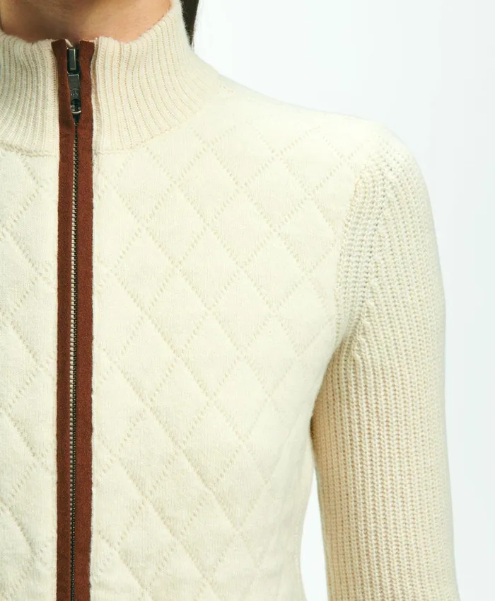 Women Merino Wool Zip Sweater Jacket Cream Brooks Brothers Sweaters