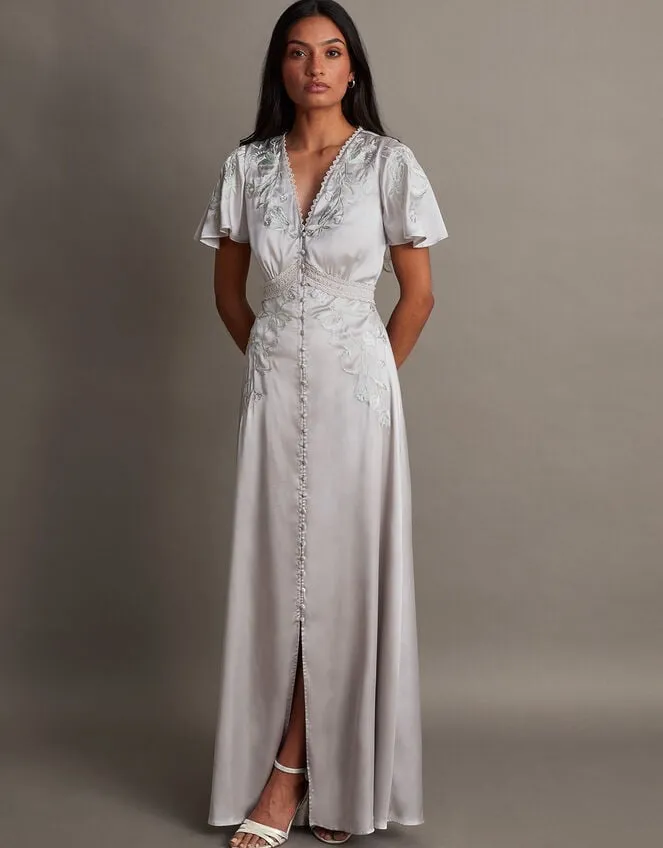 Women Mia Satin Embroidered Maxi Dress Silver Monsoon Occasionwear