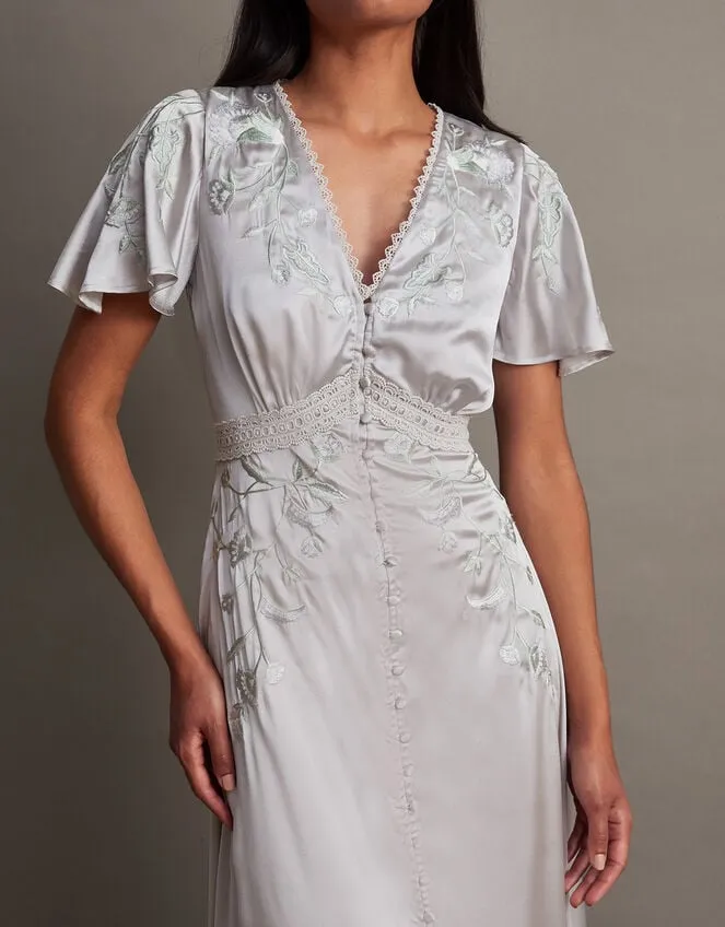 Women Mia Satin Embroidered Maxi Dress Silver Monsoon Occasionwear
