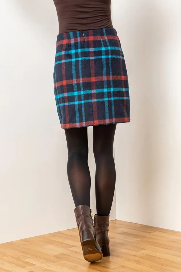 Women Midnight Blue Checked Zip Detail Brushed Skirt Roman Skirts