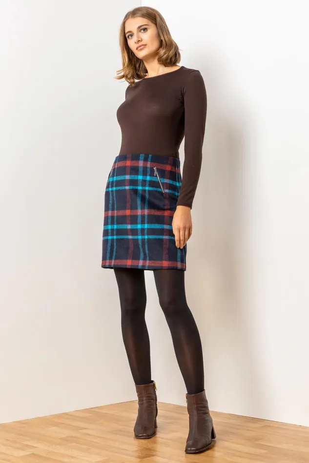 Women Midnight Blue Checked Zip Detail Brushed Skirt Roman Skirts
