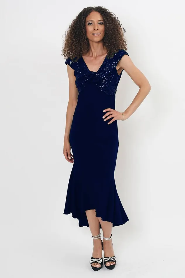 Women Midnight Blue Julianna Fishtail Sequin Fitted Dress Roman Occasionwear