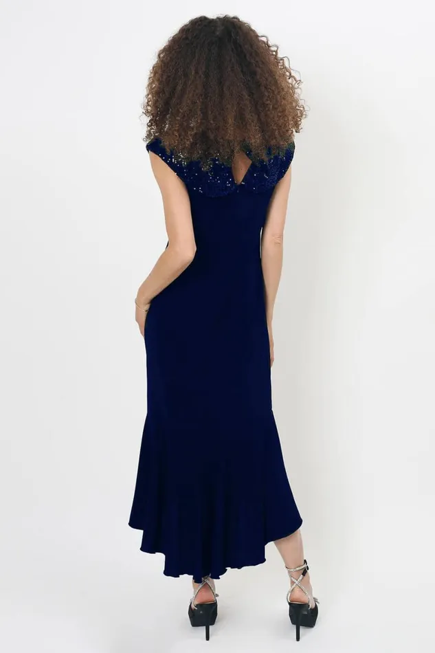 Women Midnight Blue Julianna Fishtail Sequin Fitted Dress Roman Occasionwear