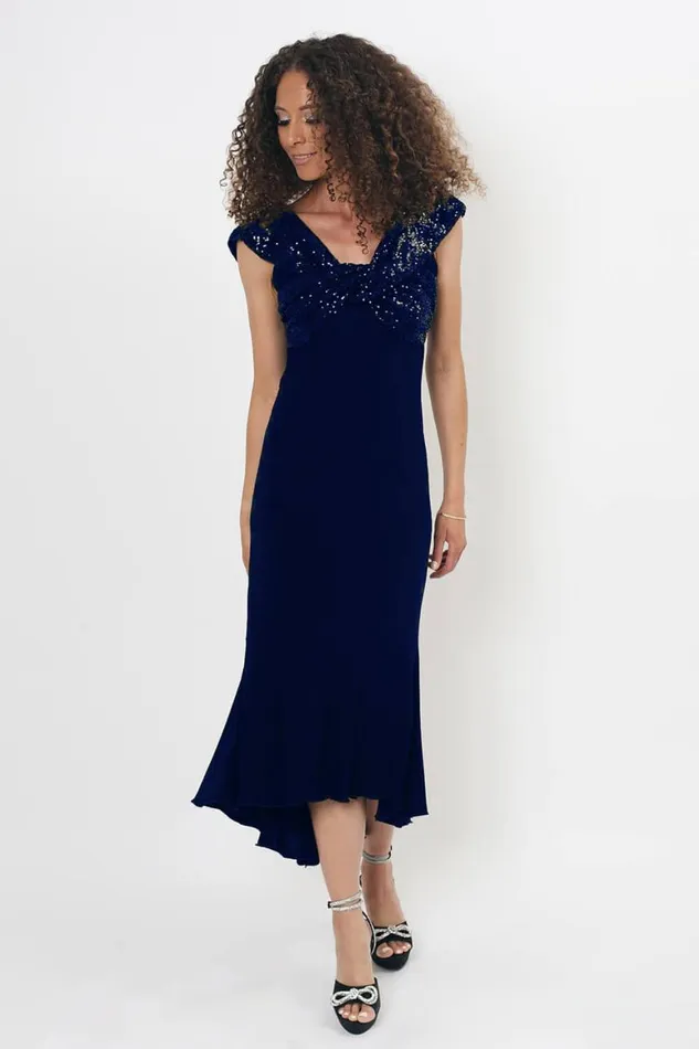 Women Midnight Blue Julianna Fishtail Sequin Fitted Dress Roman Occasionwear