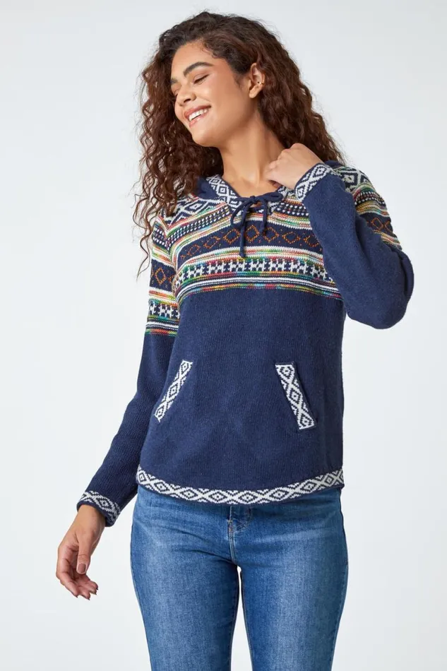 Women Midnight Blue Nordic Print Hooded VNeck Jumper Roman Jackets