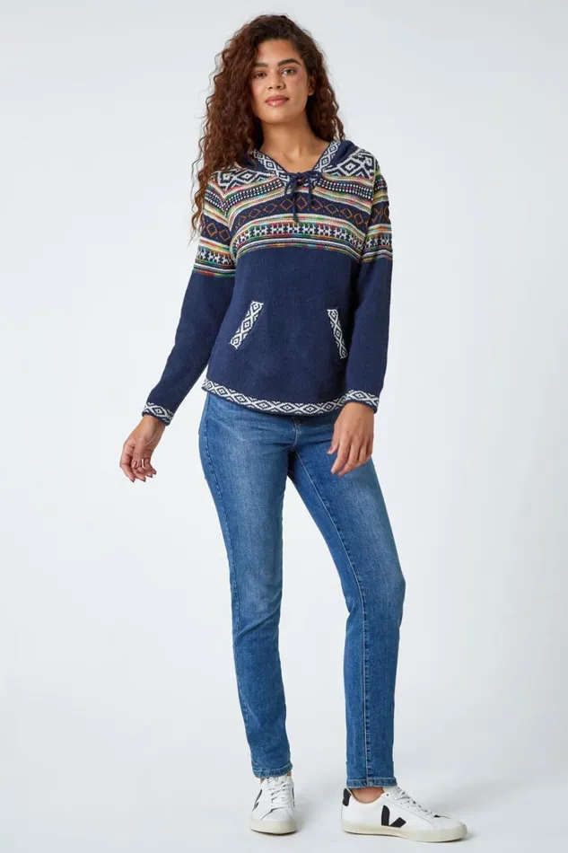 Women Midnight Blue Nordic Print Hooded VNeck Jumper Roman Jackets