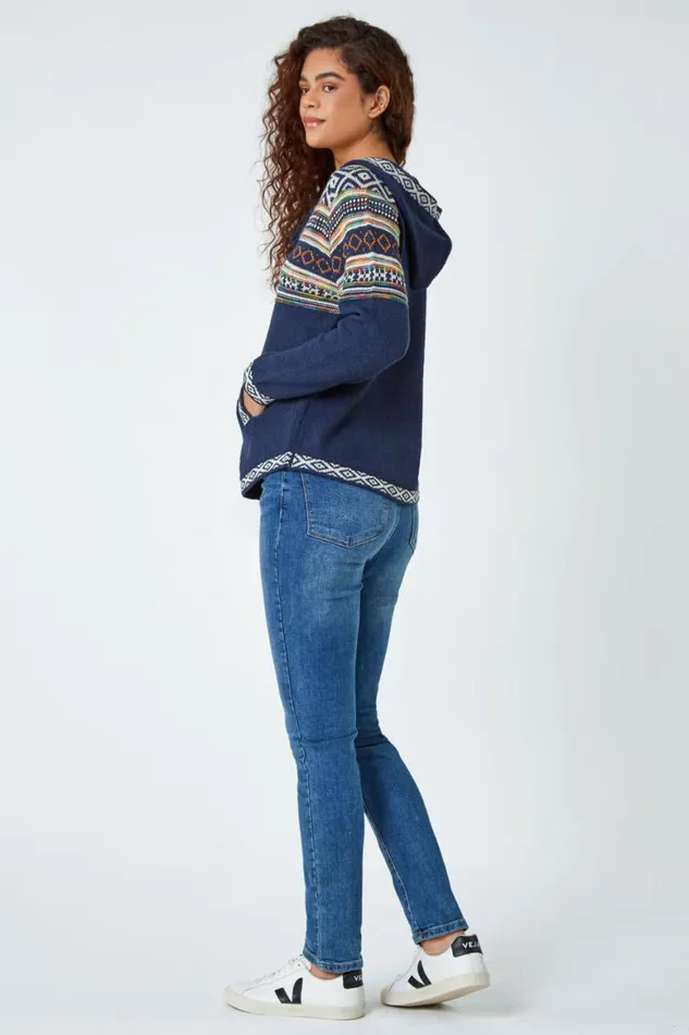 Women Midnight Blue Nordic Print Hooded VNeck Jumper Roman Jackets