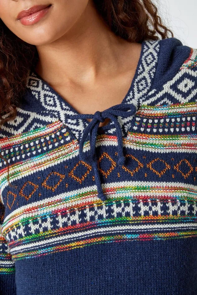 Women Midnight Blue Nordic Print Hooded VNeck Jumper Roman Jackets