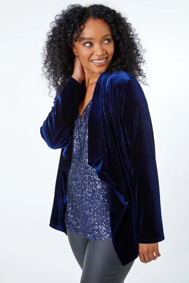 Women Midnight Blue Petite Velvet Waterfall Jacket Roman Occasionwear