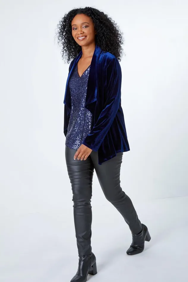 Women Midnight Blue Petite Velvet Waterfall Jacket Roman Occasionwear