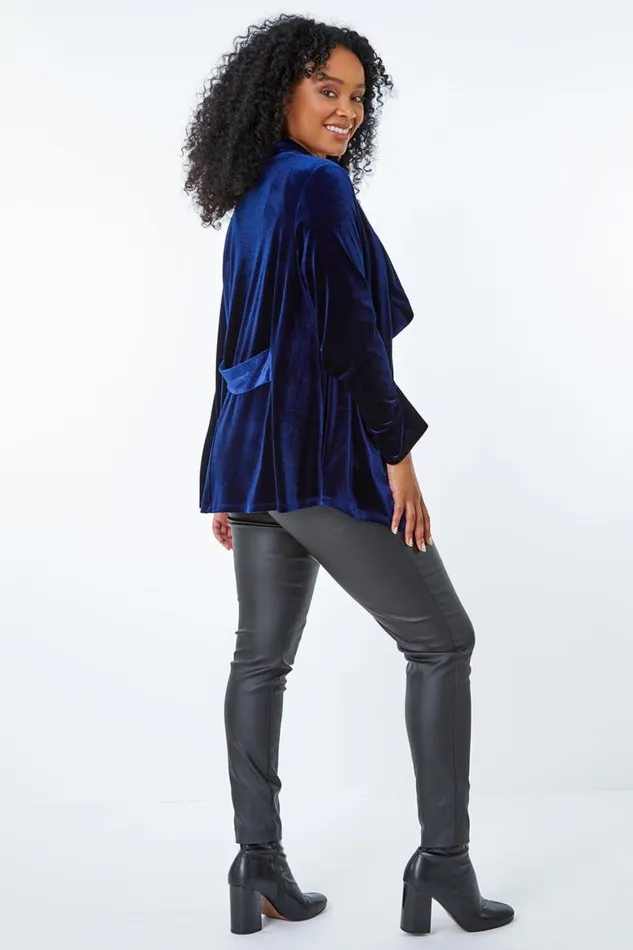 Women Midnight Blue Petite Velvet Waterfall Jacket Roman Occasionwear