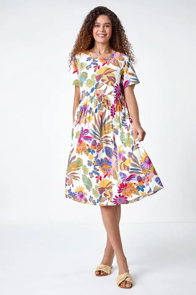 Women Multi Floral Print Cotton Midi Dress Roman Dresses
