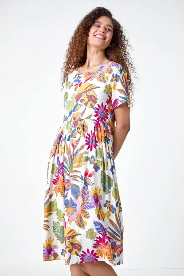 Women Multi Floral Print Cotton Midi Dress Roman Dresses