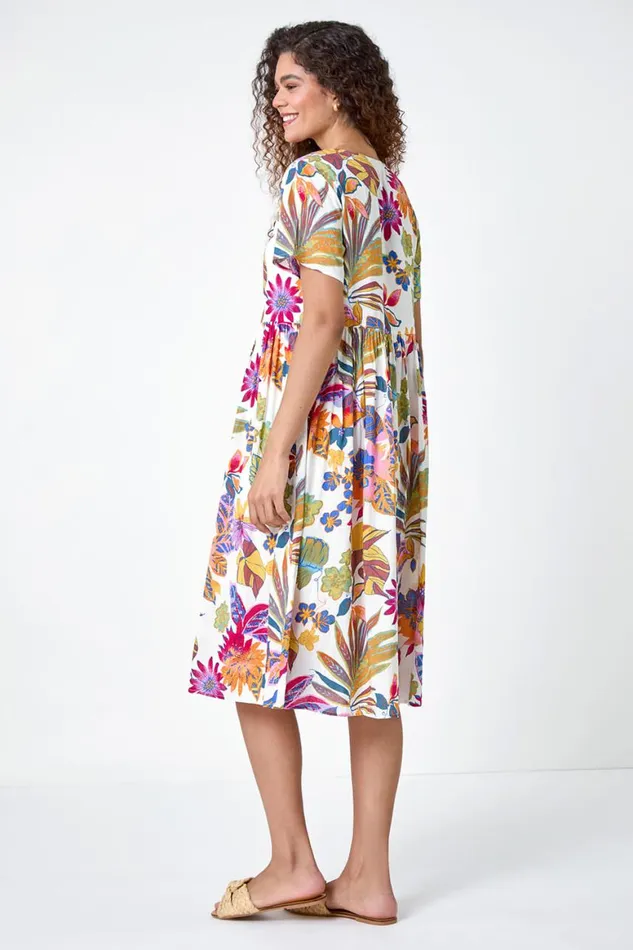 Women Multi Floral Print Cotton Midi Dress Roman Dresses